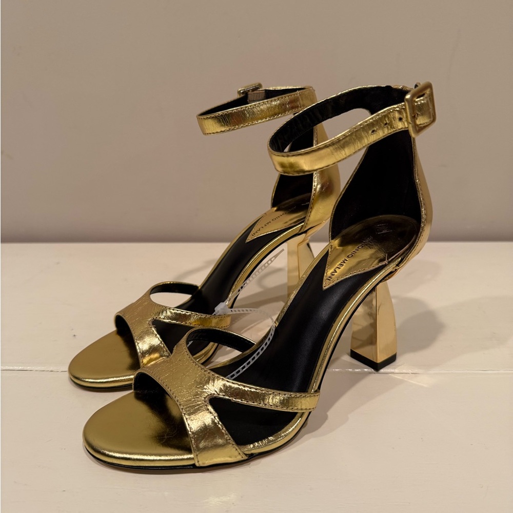 Antonio Melani Calla Leather Double Banded Dress Sandals in Cracked Foil Gold
